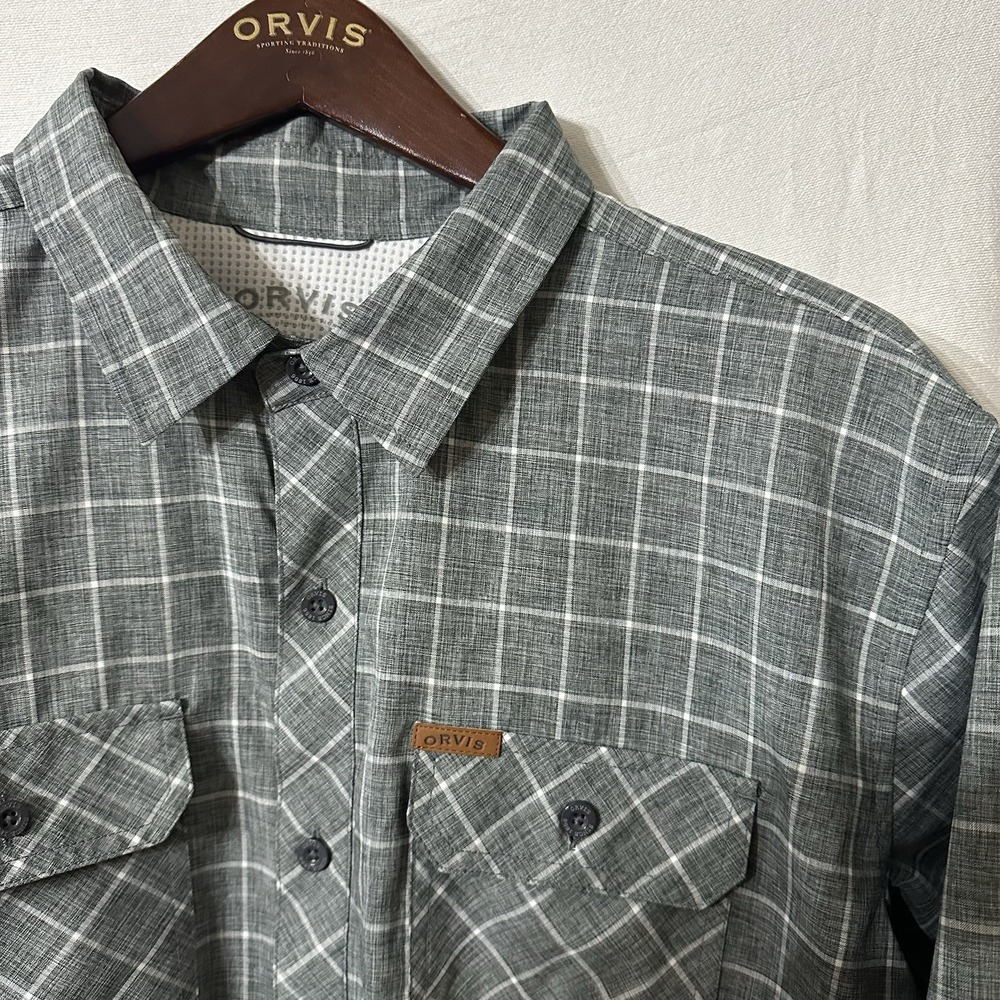 ORVIS Men's Size XL Short Sleeve ShirtGreen  Windowpane Button Up Casual Outdoor